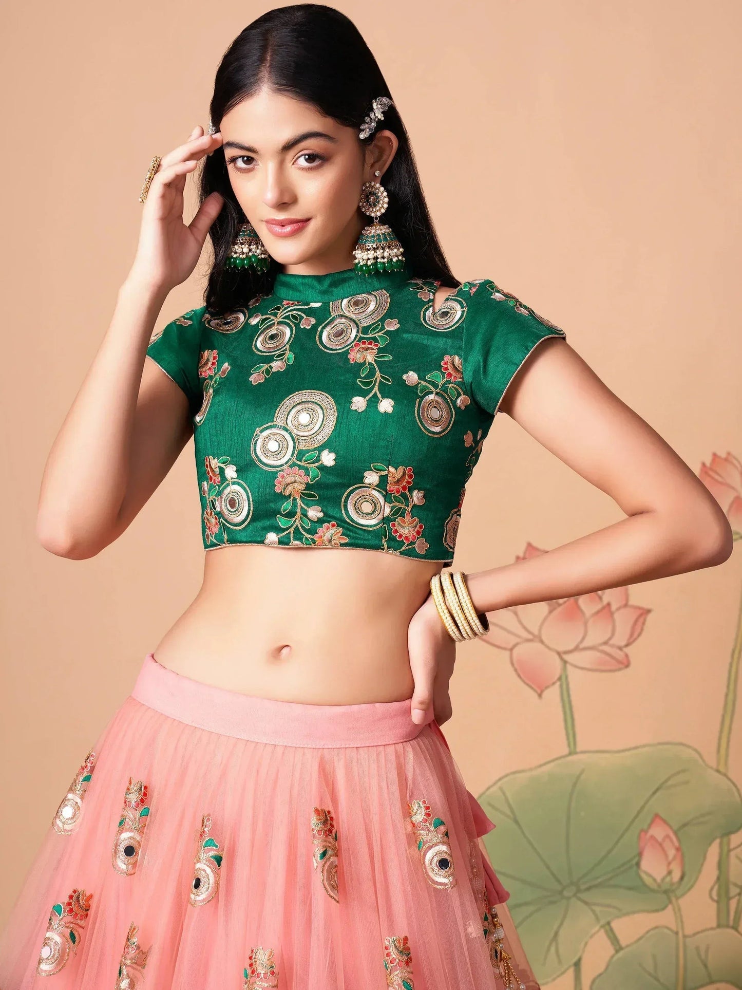 Tulsi Art Elegant Peach Mirror Work Net Party Wear Lehenga Choli