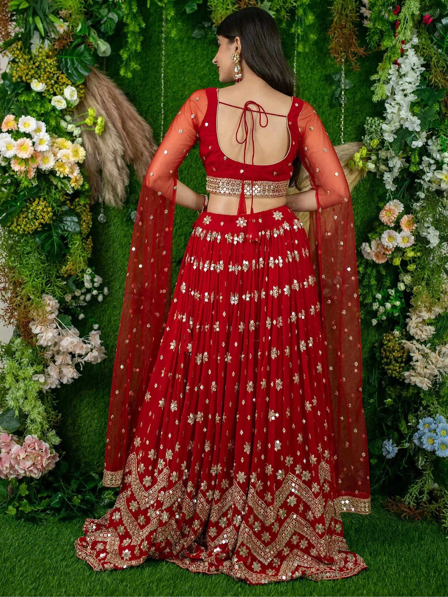 Tulsi Art Alluring Red Sequins Georgette Lehenga Choli With Attached Dupatta