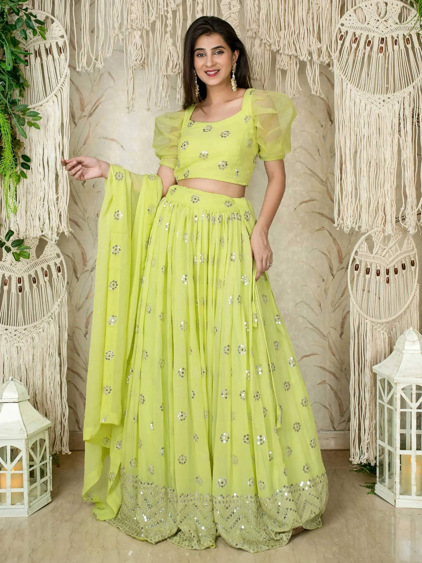 Tulsi Art Glamorous Lime Green Sequins Georgette Wedding Wear Lehenga Choli