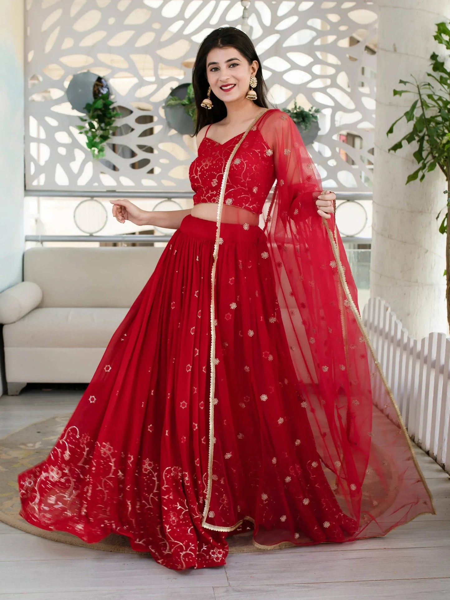 Tulsi Art Awesome Red Embroidered Georgette Reception Wear Lehenga Choli