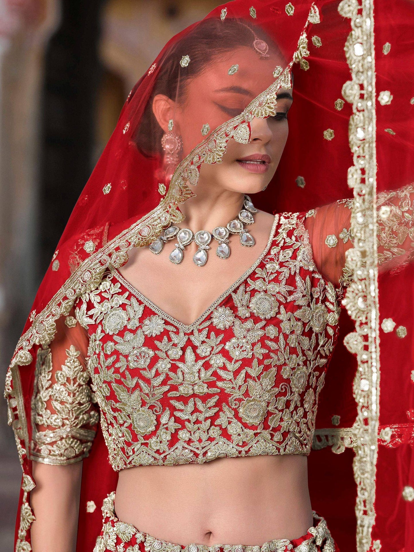 Tulsi Art Gorgeous Red Zari Work Net Bridal Wear Lehenga Choli With Dupatta