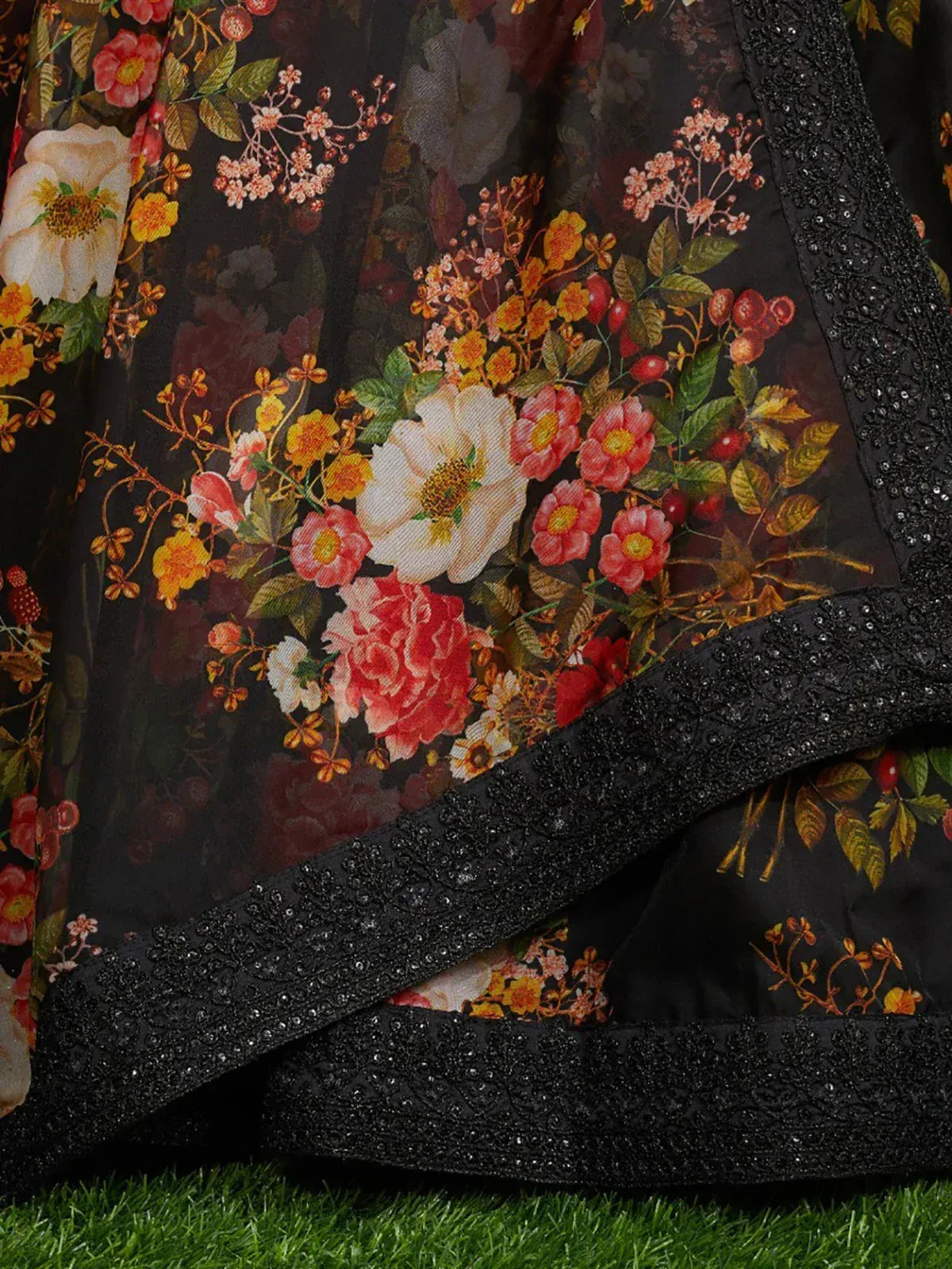 Tulsi Art Sabyasachi Black Floral Organza Party Wear Lehenga With Sequins Choli