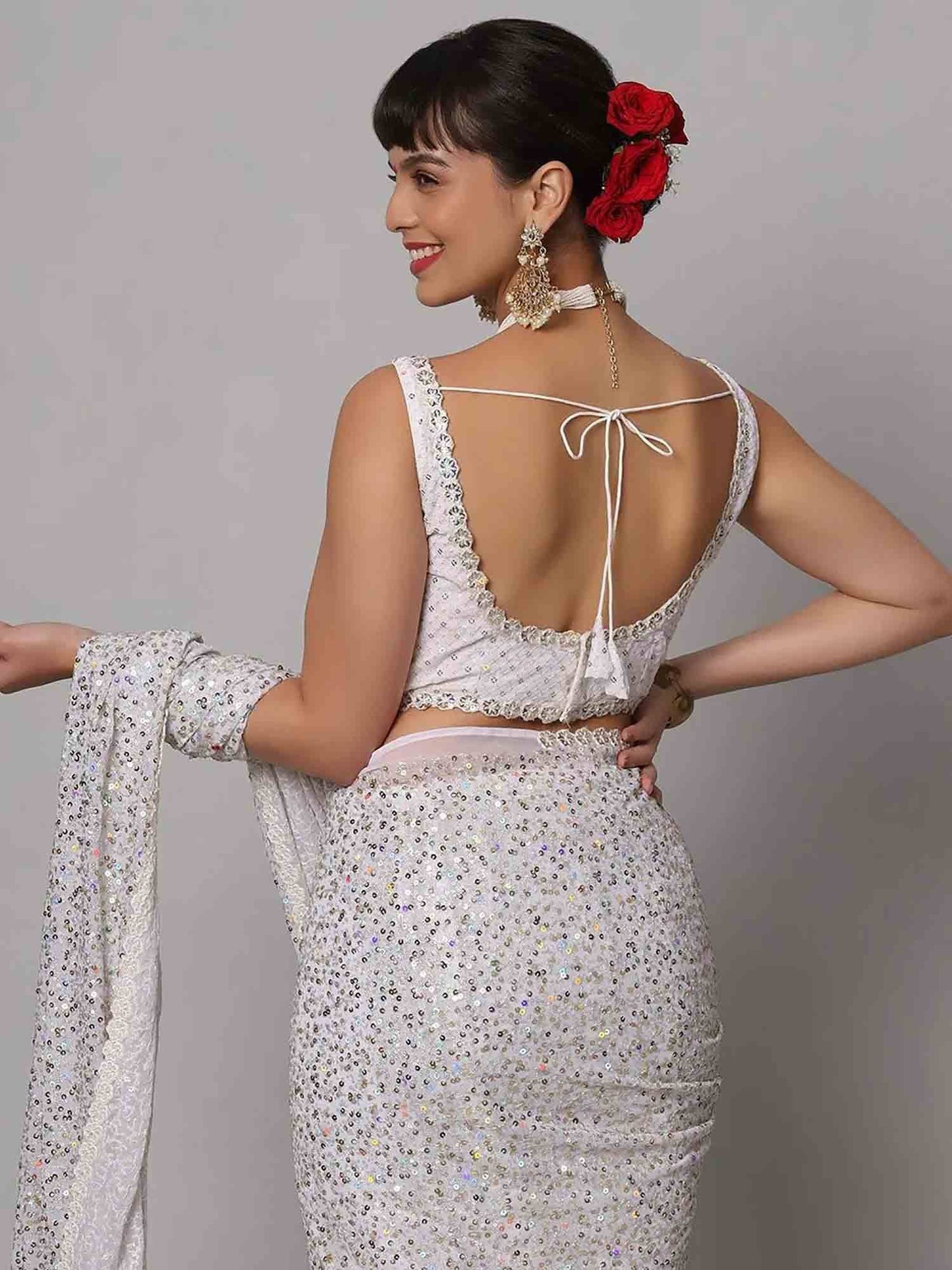 Tulsi Art Beautiful White Sequins Georgette Party Wear Saree With Blouse