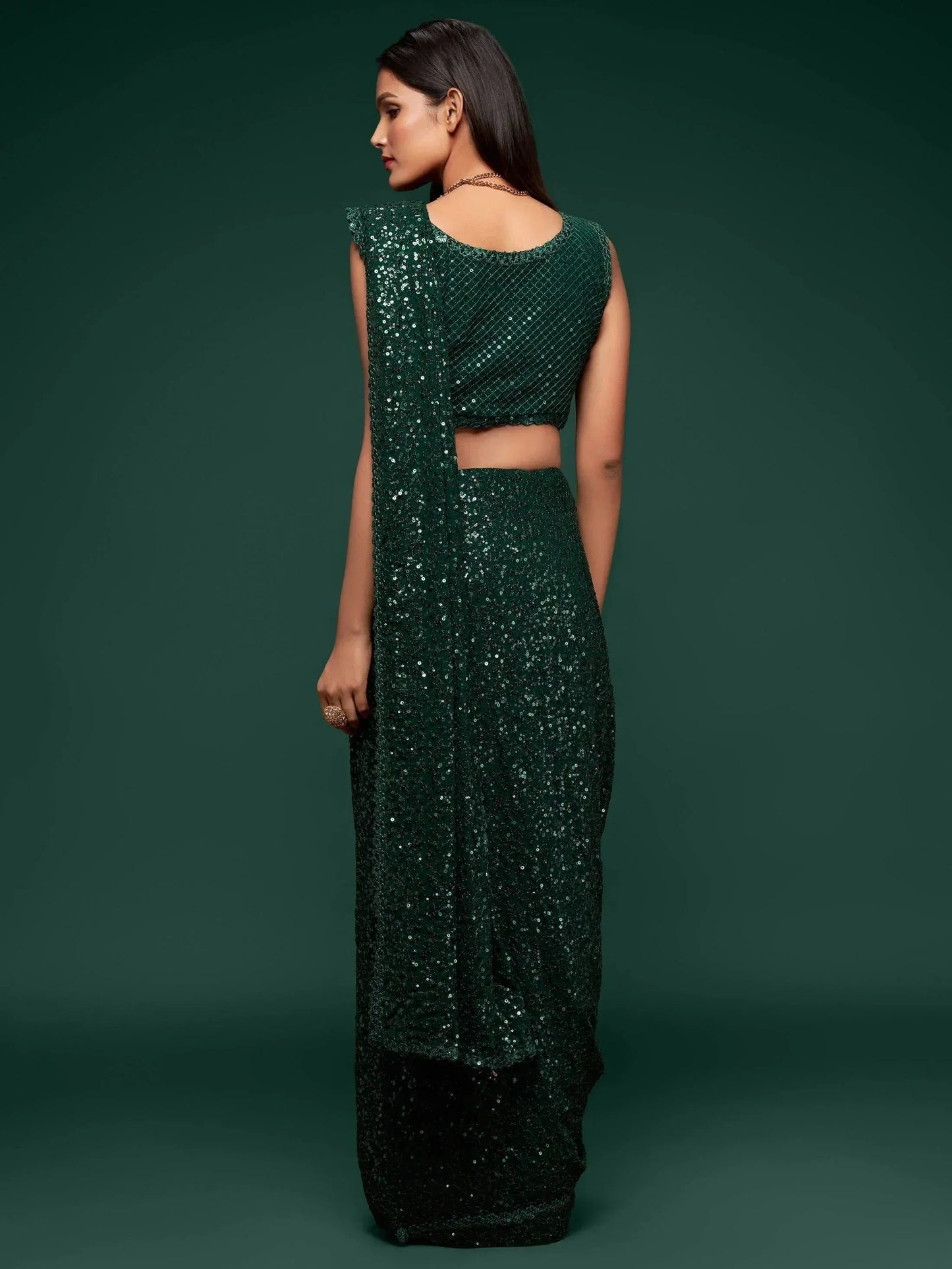 Tulsi Art Sabyasachi Bottle Green Sequins Georgette Party Wear Saree With Blouse