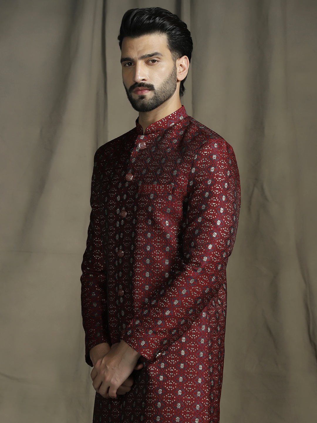 Zavaya Maroon Embroidery Jacquard Sherwani Pyjama Set for Men