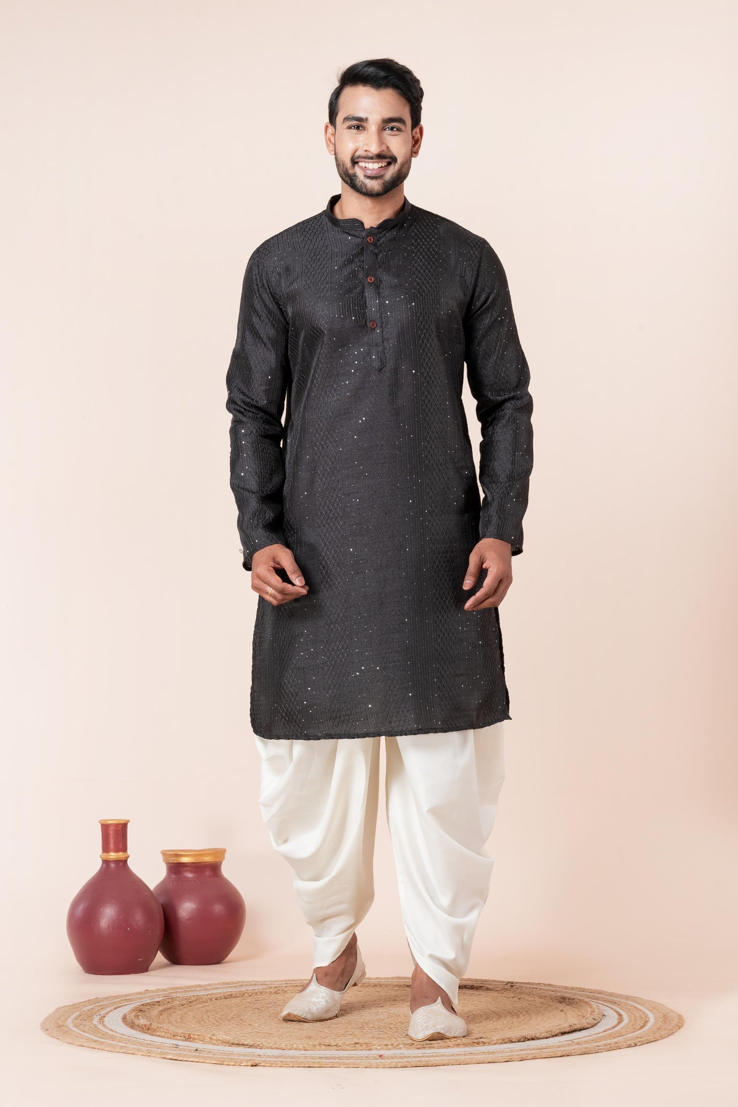 Zavaya Men Black Embroidery Silk Kurta Dhoti Set