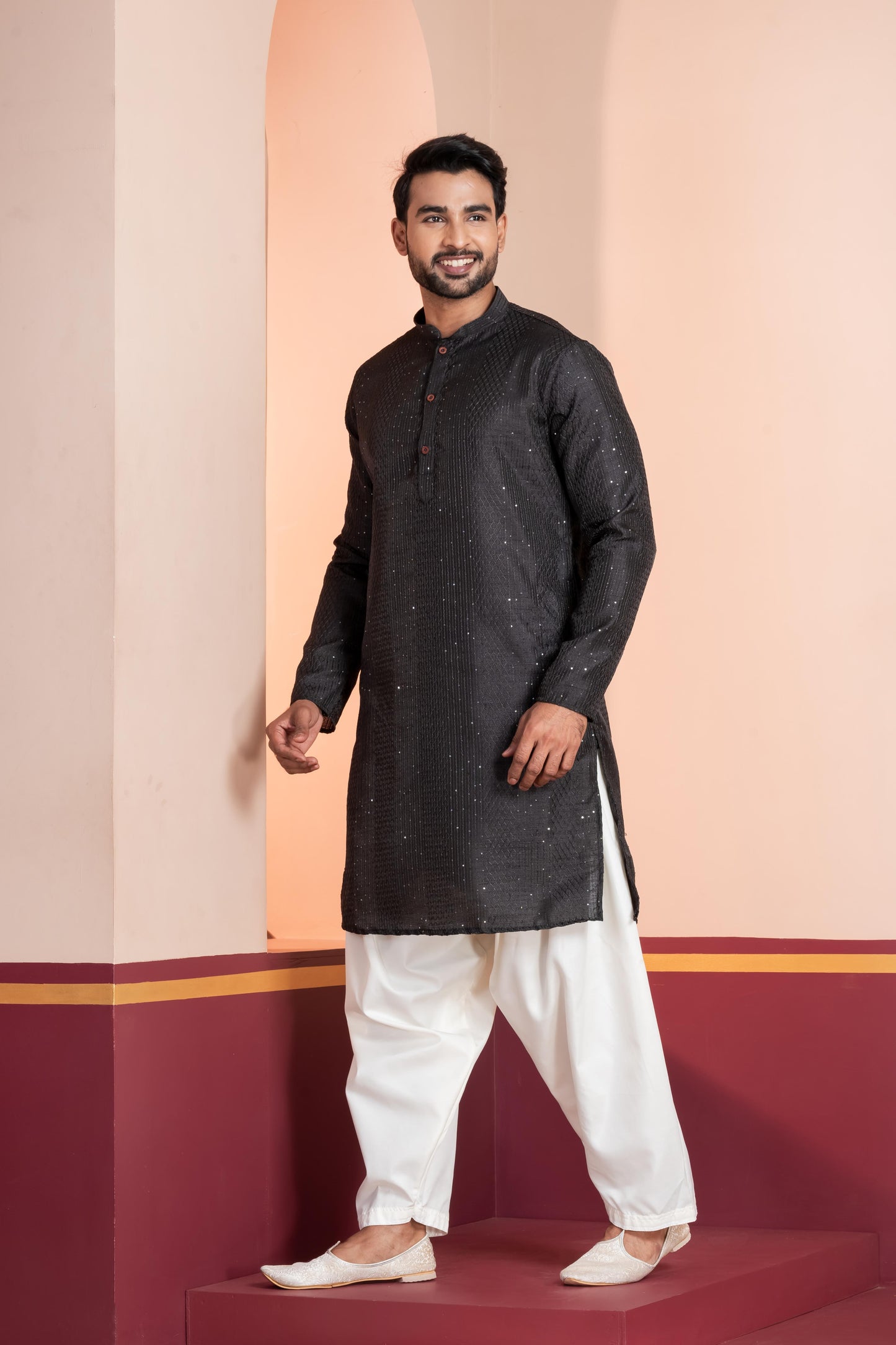 Zavaya Men Black Embroidery Silk Kurta Patiala Set