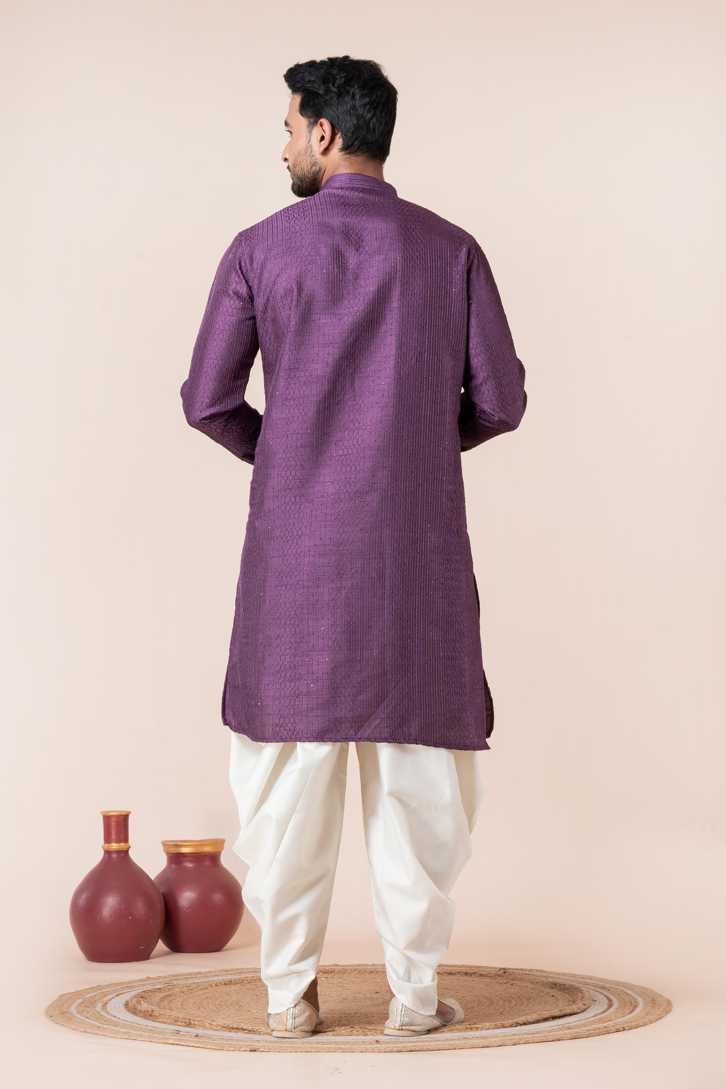 Zavaya Men Purple Embroidery Silk Kurta Dhoti Set