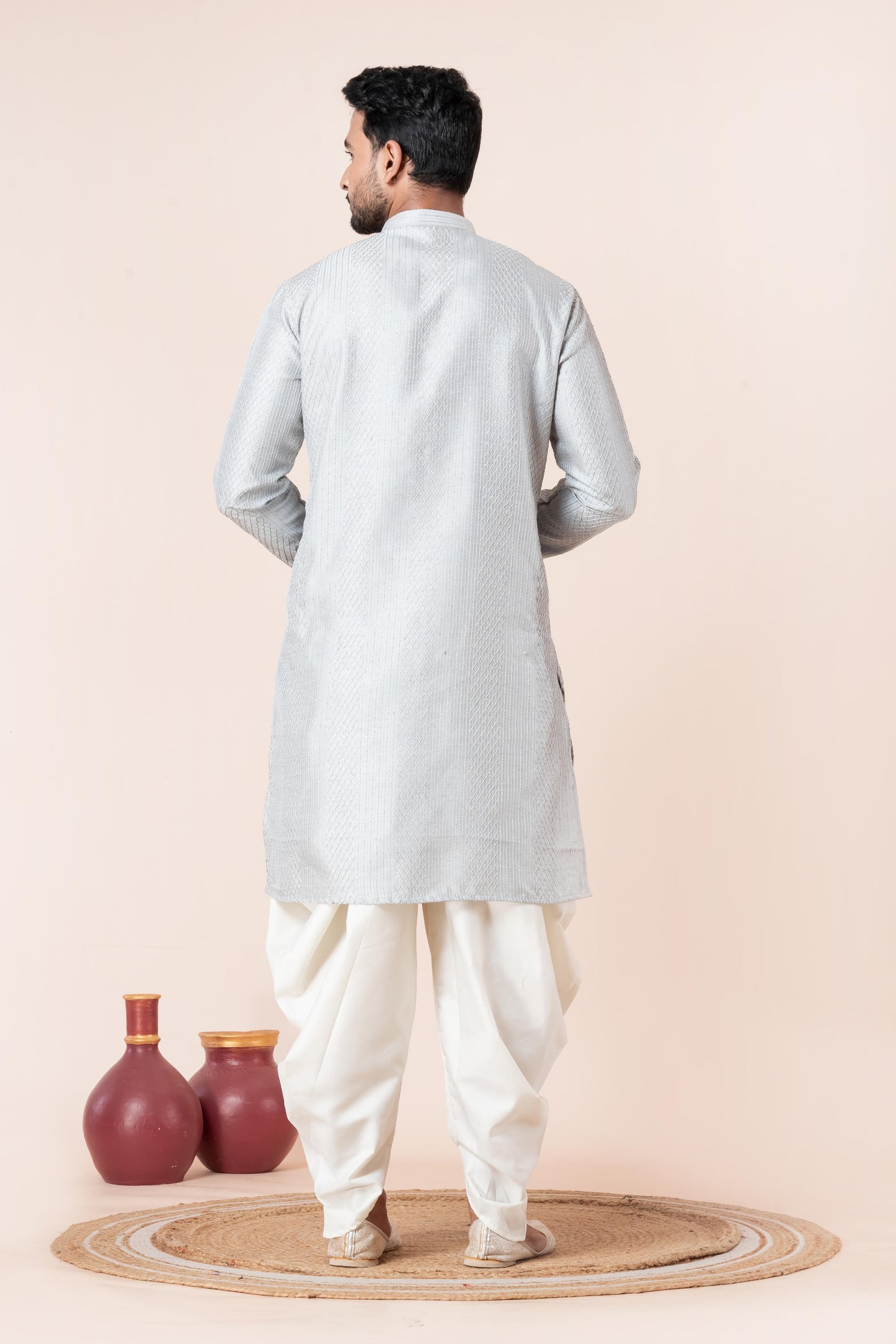 Zavaya Men Grey Embroidery Silk Kurta Dhoti Set
