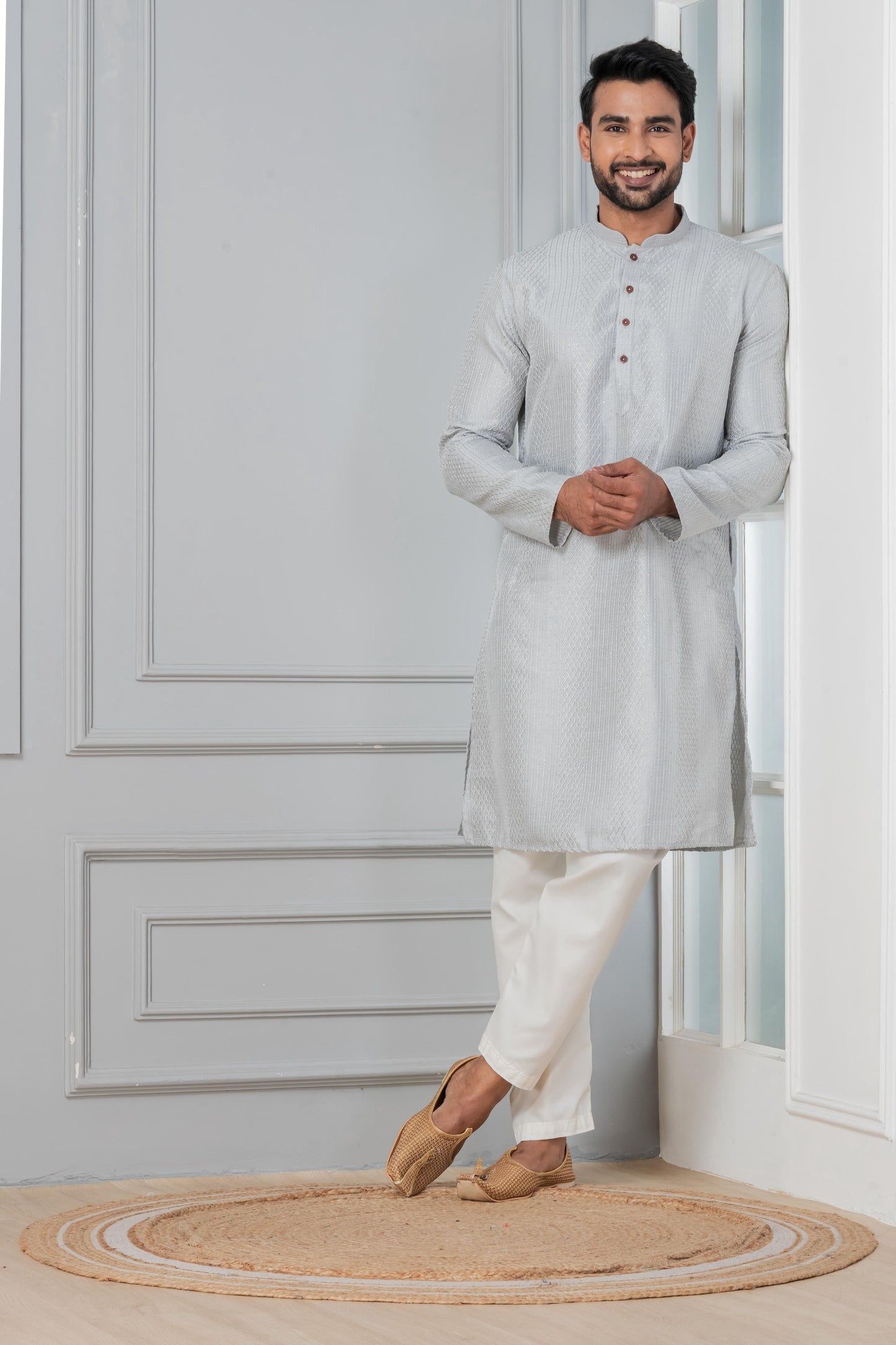 Zavaya Men Grey Embroidery Silk Kurta Pyjama Set