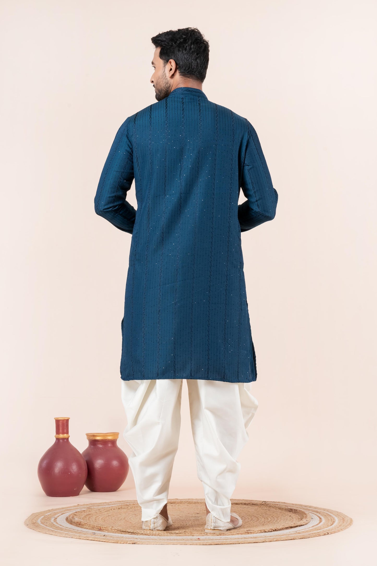Zavaya Men Blue Embroidery Silk Kurta Dhoti Set