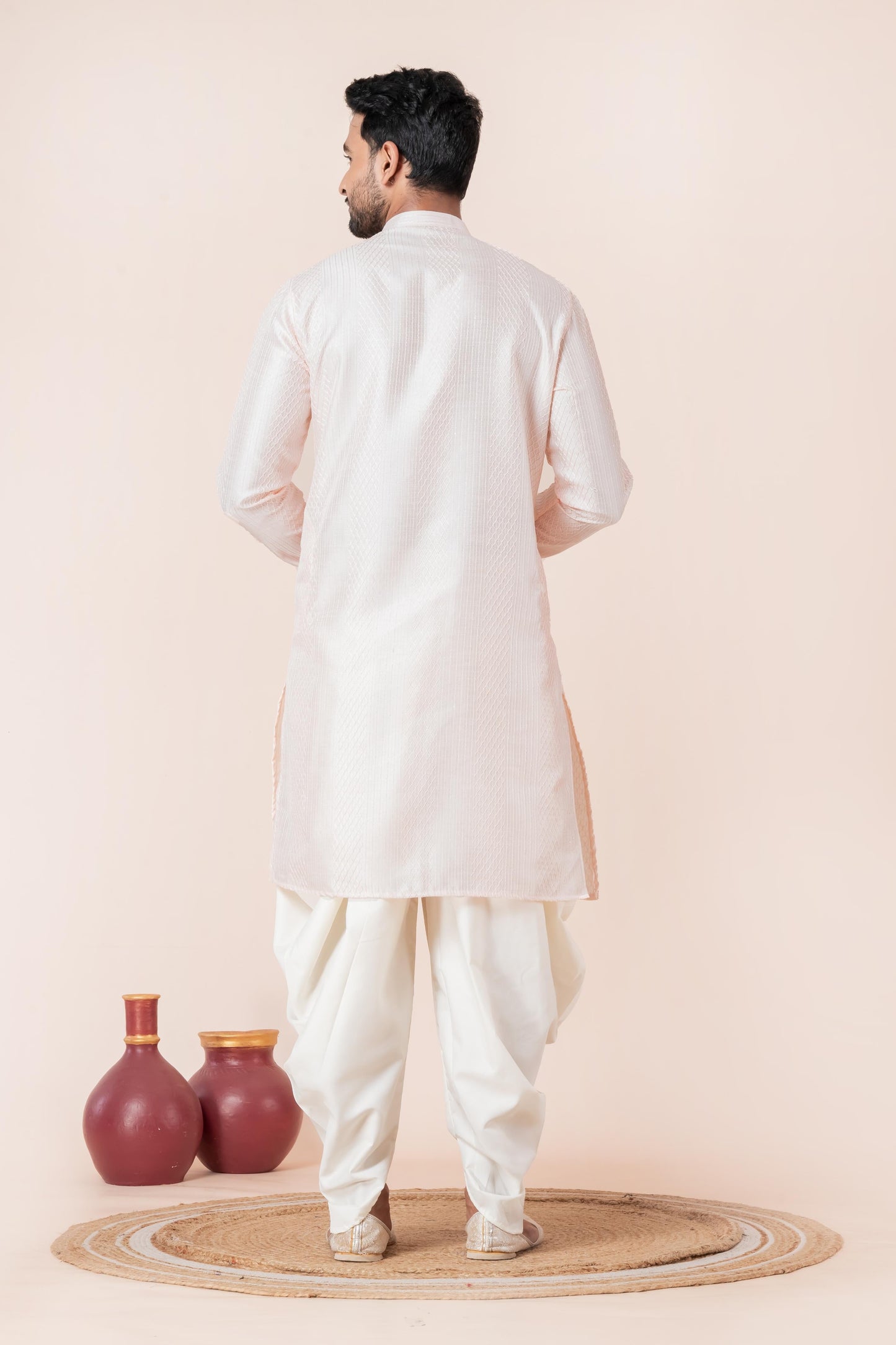 Zavaya Men Peach Embroidery Silk Kurta Dhoti Set