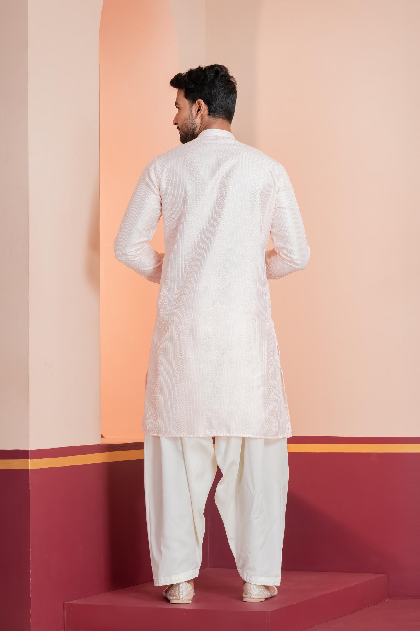 Zavaya Men Peach Embroidery Silk Kurta Patiala Set