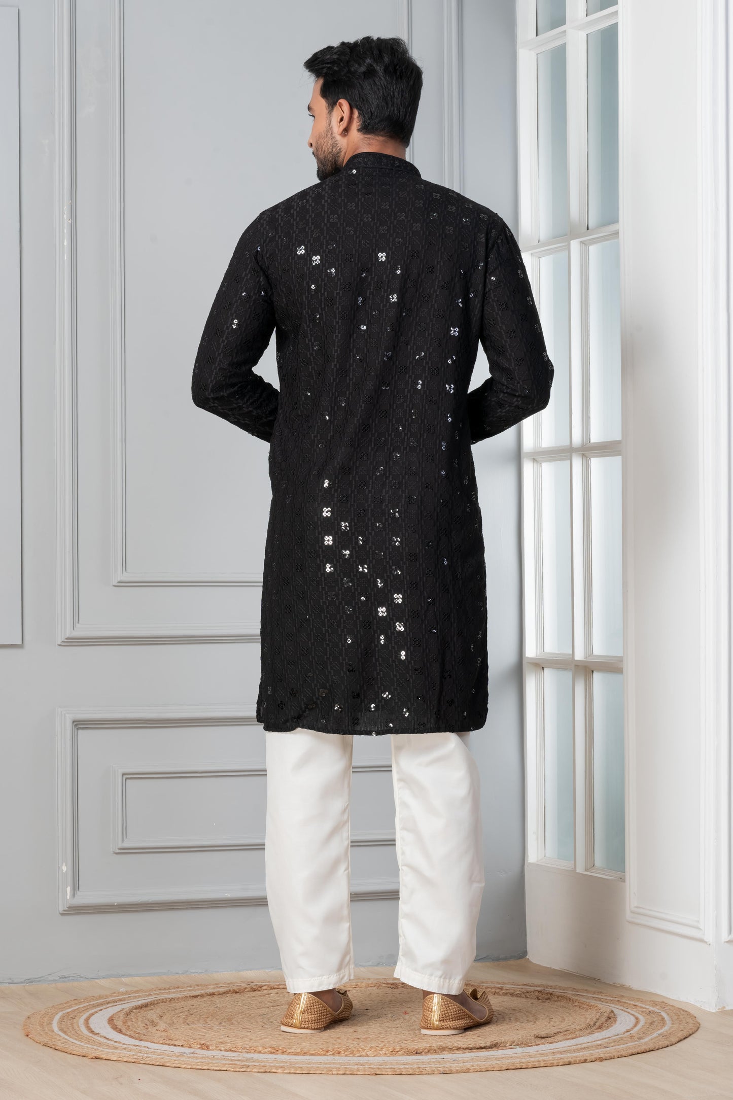 Zavaya Men Black Embroidery Cotton Blend Kurta Pyjama Set
