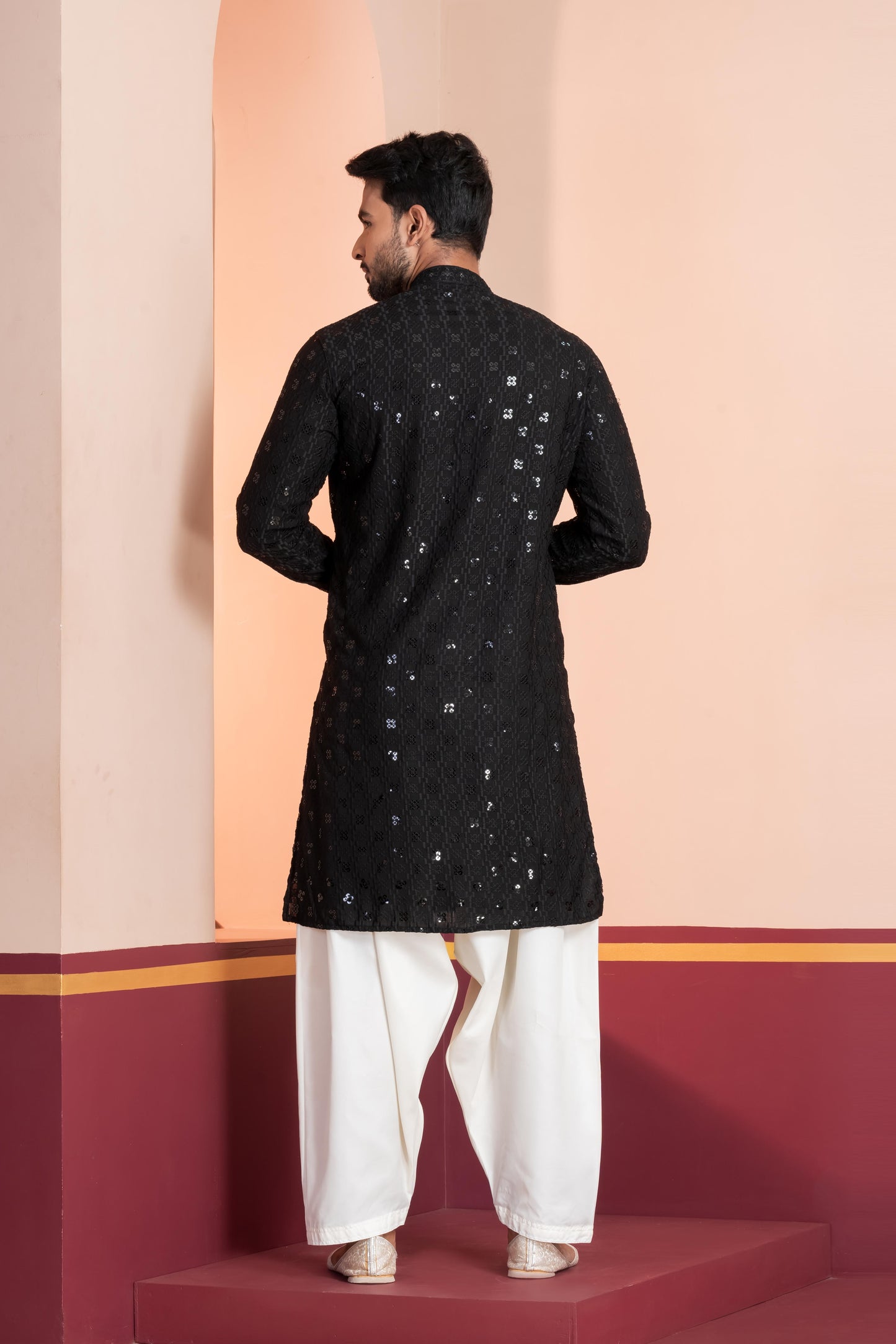 Zavaya Men Black Embroidery Cotton Blend Kurta Patiala Set