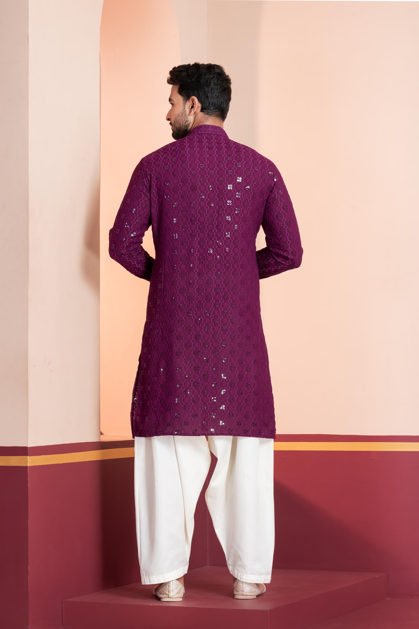 Zavaya Men Purple Embroidery Cotton Blend Kurta Patiala Set