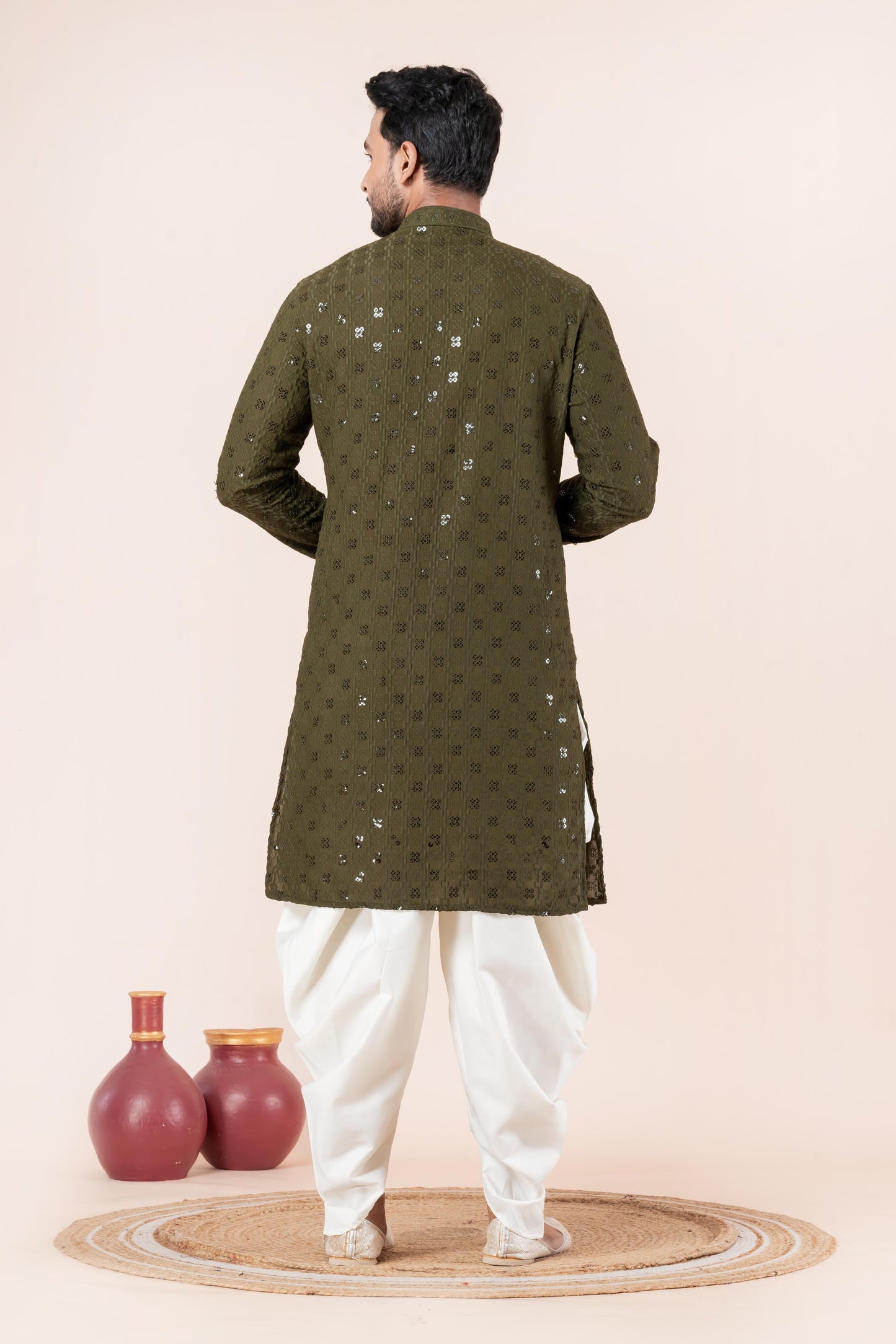 Zavaya Men Olive Embroidery Cotton Blend Kurta Dhoti Set