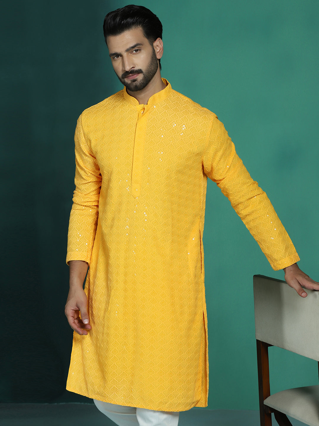 Zavaya Men Yellow Embroidery Cotton Blend Kurta Pyjama Set