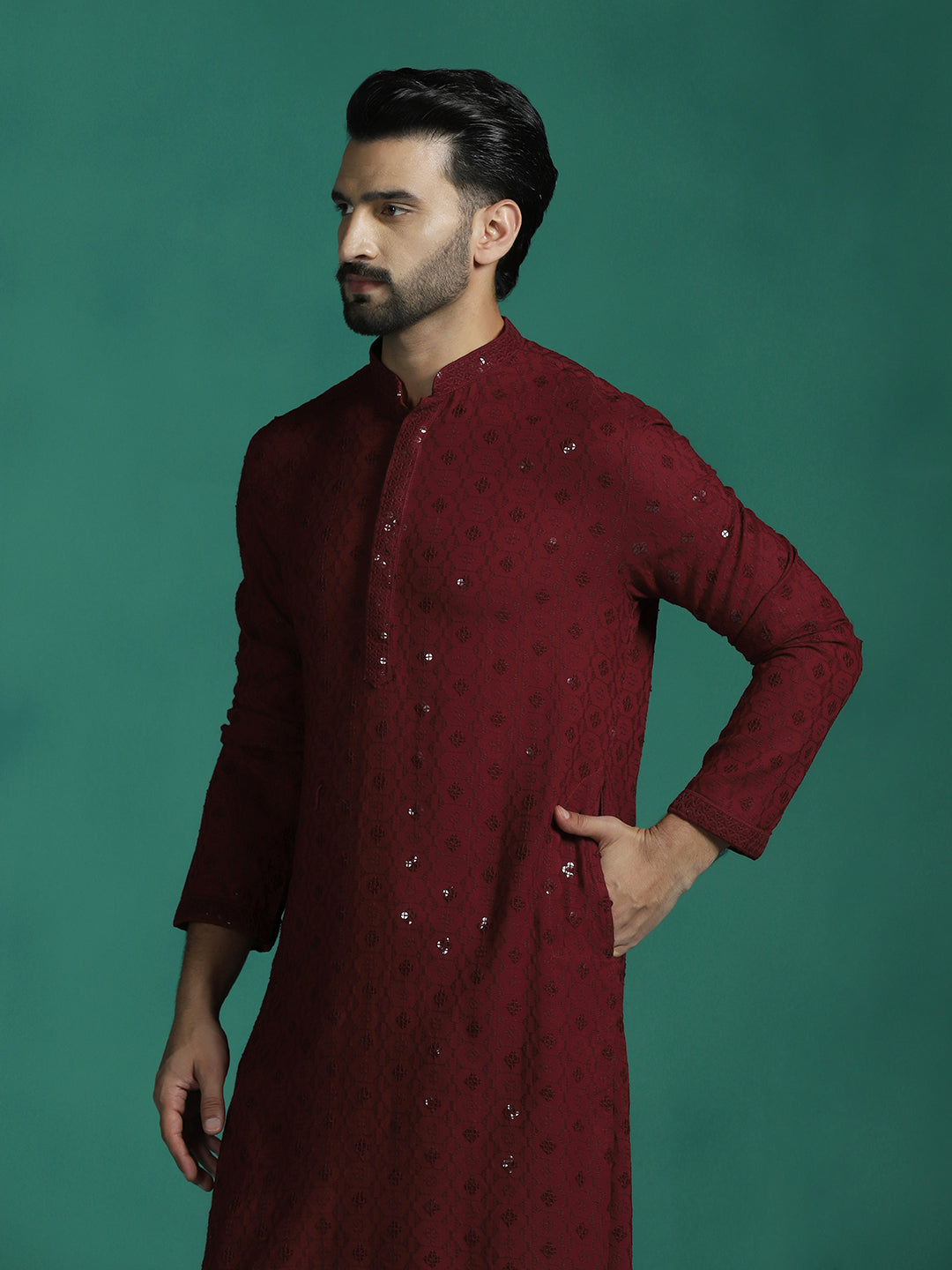 Zavaya Men Red Embroidery Cotton Blend Kurta