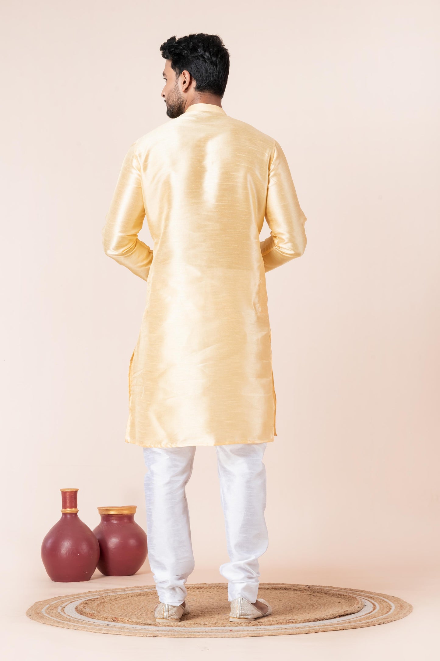 Zavaya Men Yellow Solid Banarasi Silk Kurta Churidar Set