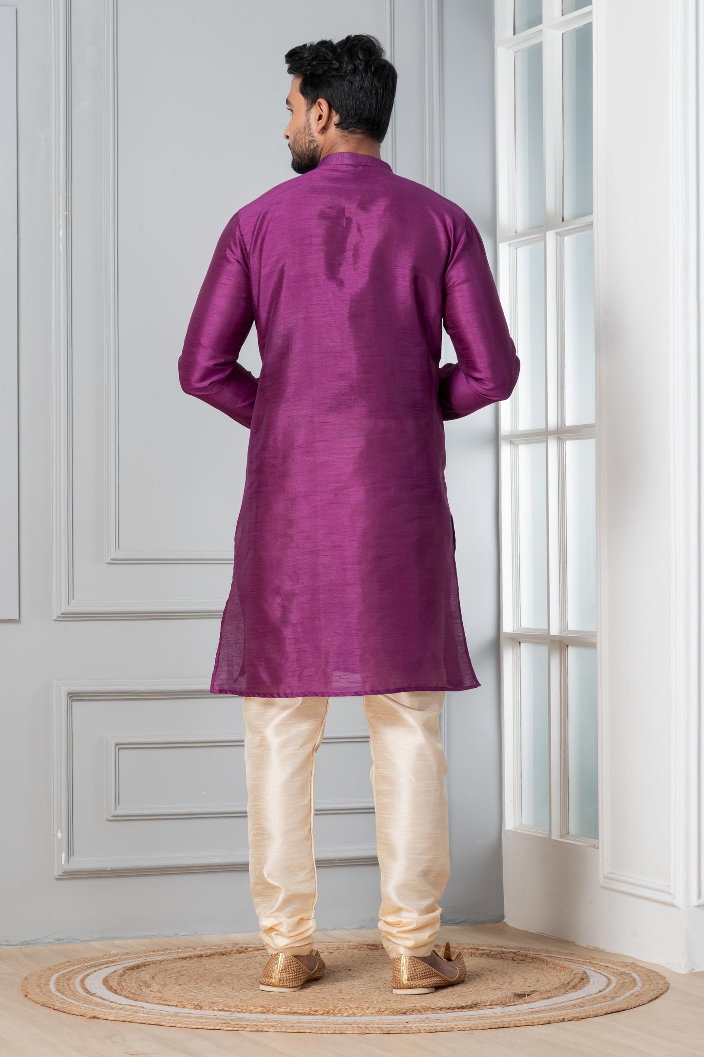 Zavaya Men Purple Solid Banarasi Silk Kurta Churidar Set