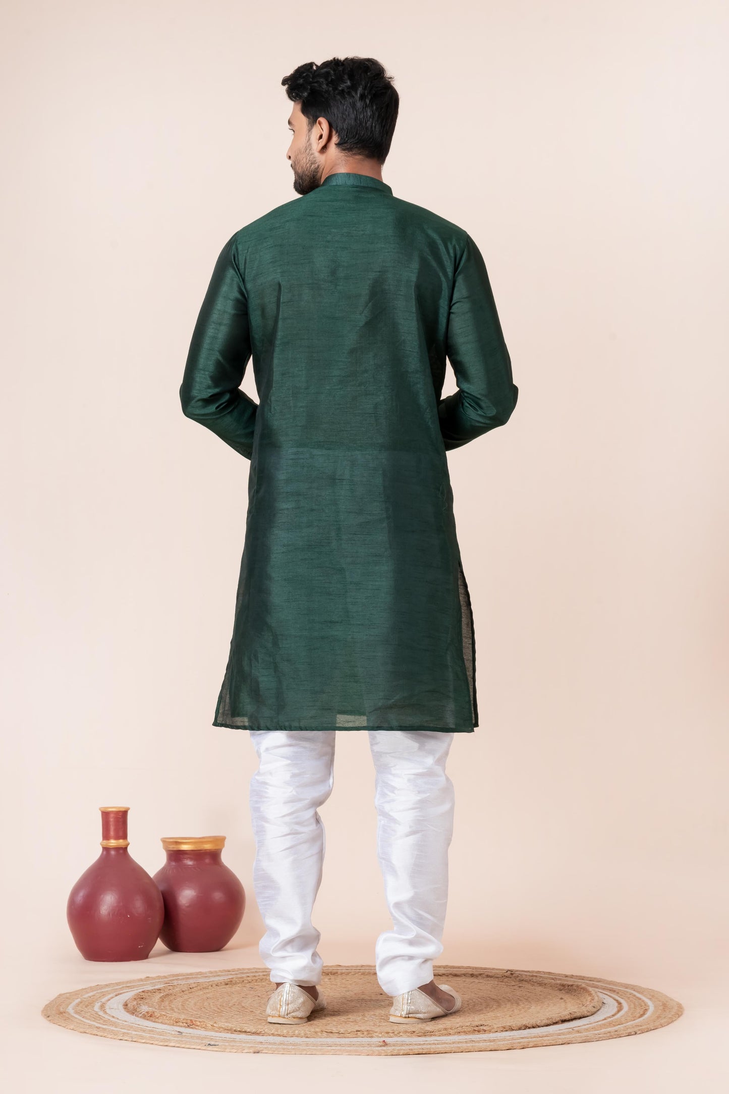 Zavaya Men Dark Green Solid Banarasi Silk Kurta Churidar Set