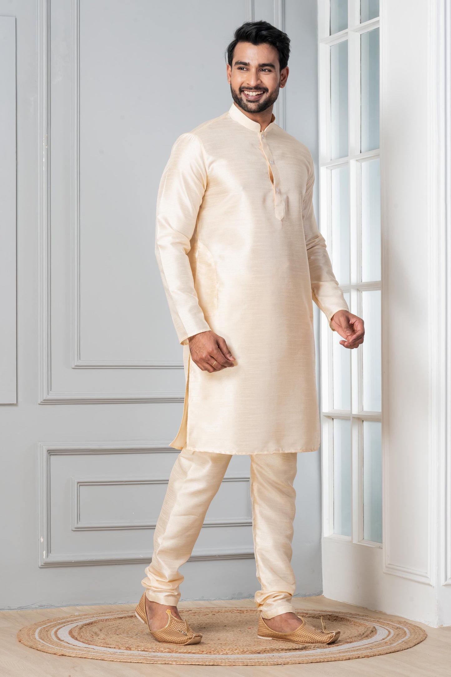 Zavaya Beige Plain Dupion Silk Kurta Churidar Set