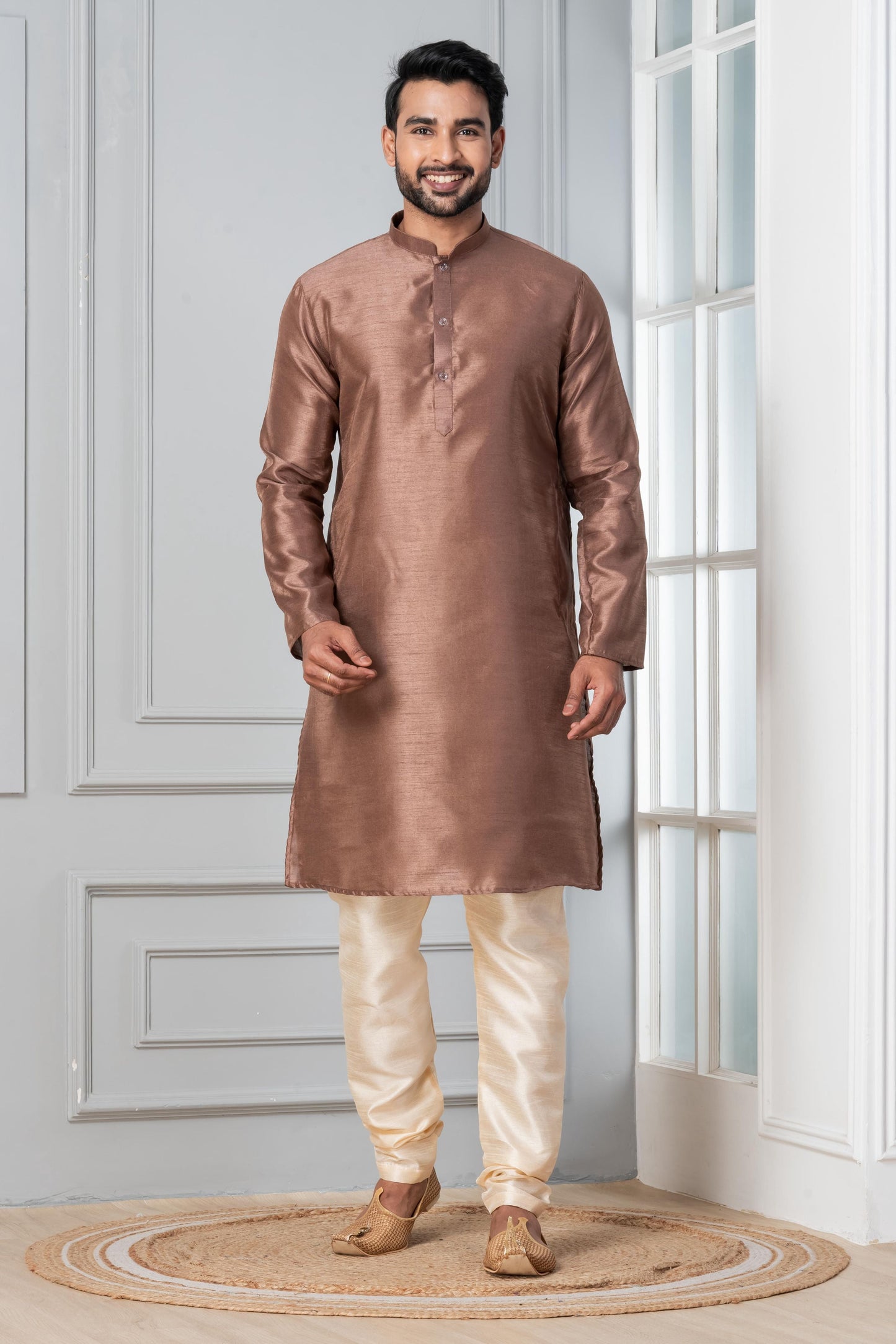 Zavaya Men Brown Solid Banarasi Silk Kurta Churidar Set