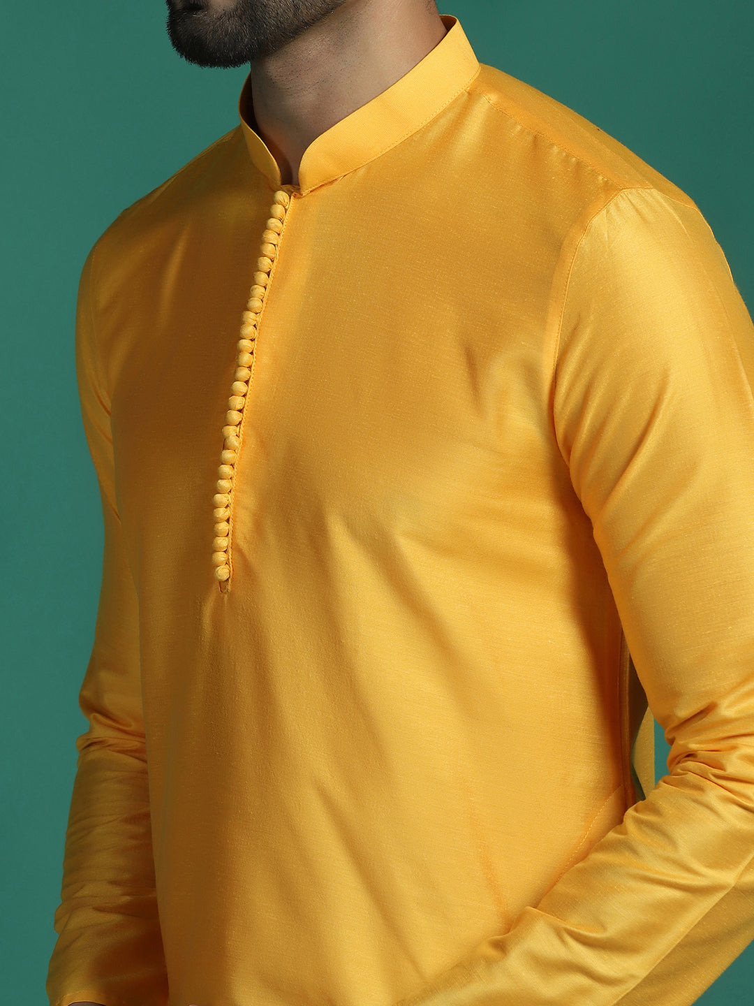 Zavaya Yellow Plain Polyester Viscose Kurta Pyjama Set for Men