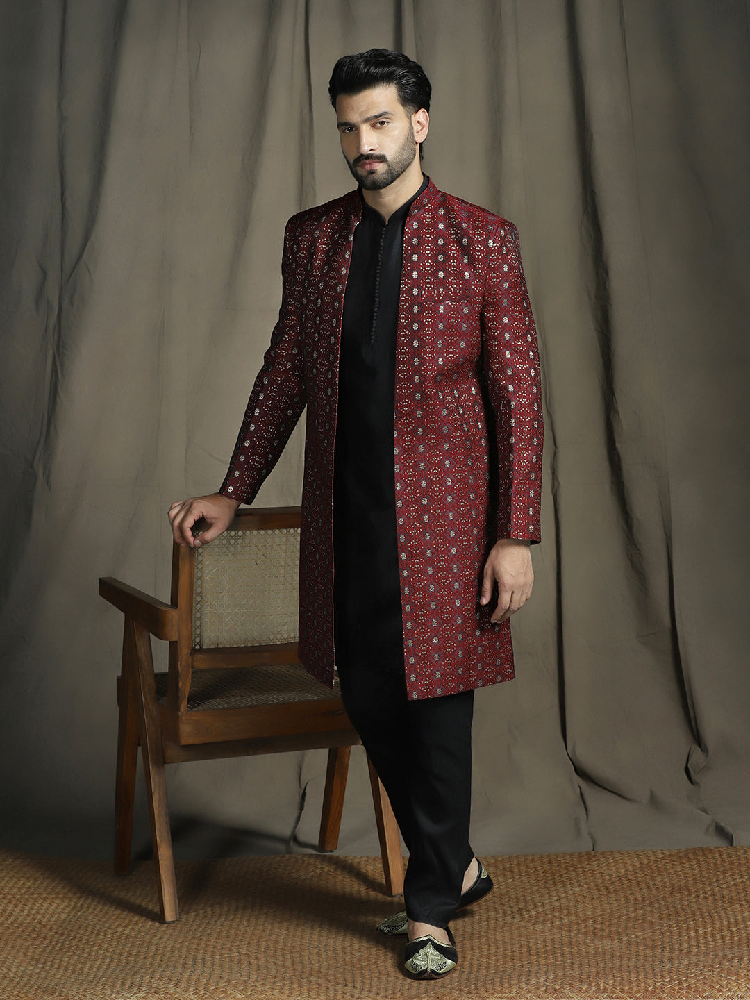 Zavaya Maroon Embroidery Jacquard Kurta Sherwani Pyjama Set for Men
