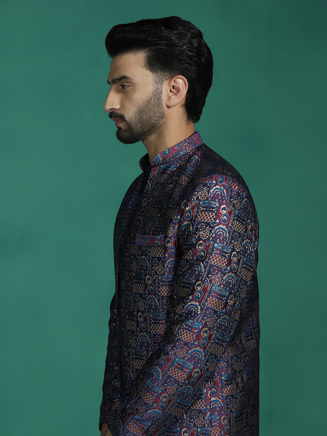 Zavaya Navy Blue Embroidery Jacquard Kurta Sherwani Dhoti Set for Men