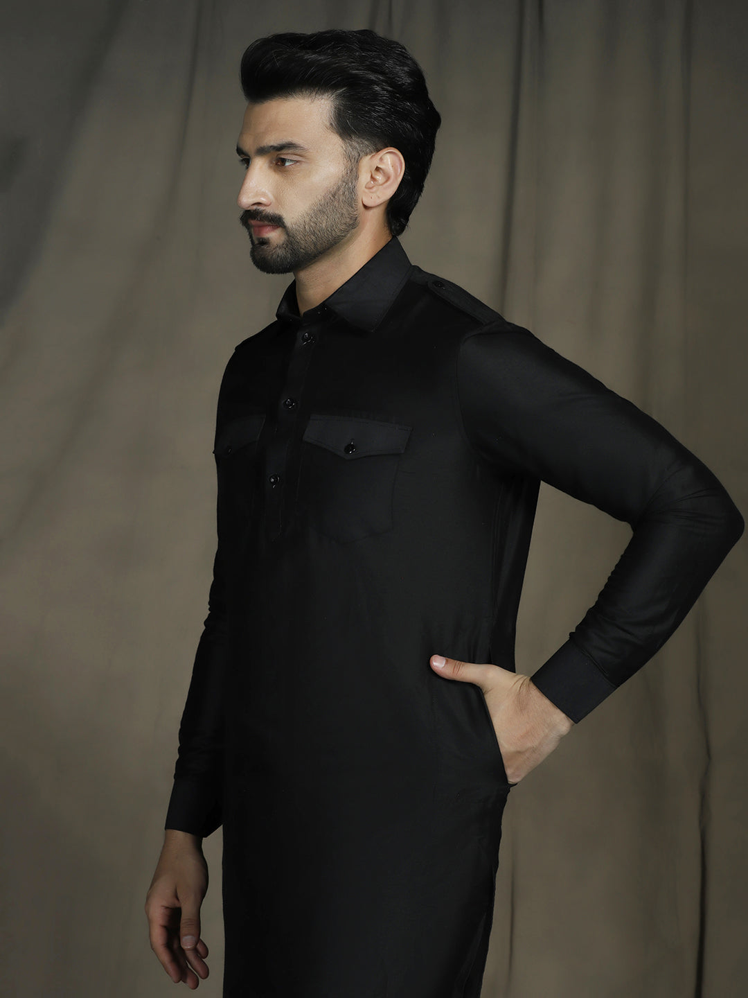 Zavaya Black Plain Polyester Viscose Kurta Salwar Set for Men