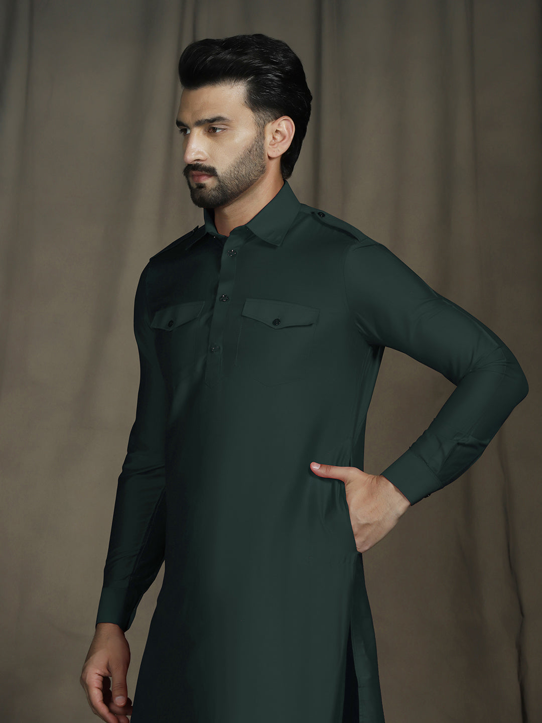Zavaya Deep Green Plain Polyester Viscose Kurta Salwar Set for Men