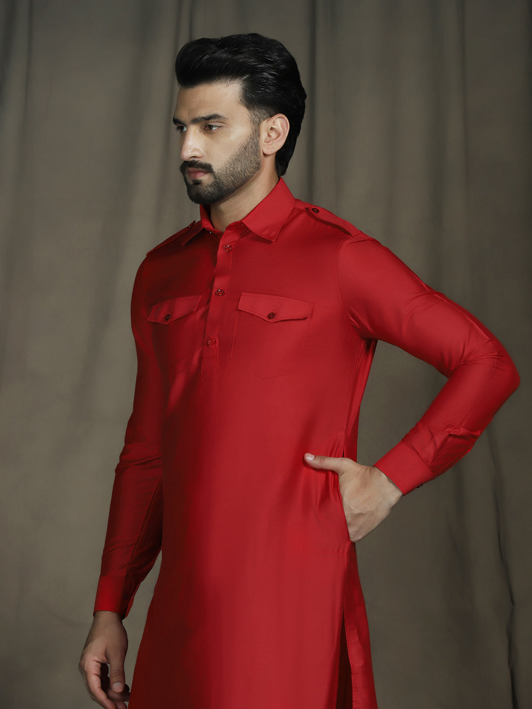 Zavaya Red Plain Polyester Viscose Kurta Salwar Set for Men