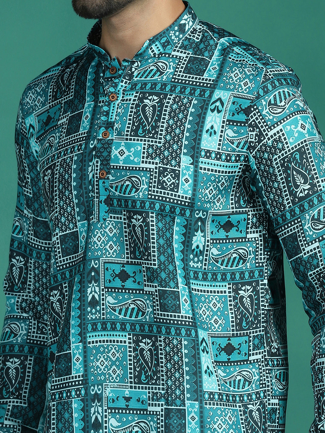 Zavaya Green Geometric Ethnic Print Rayon Short Kurta for Men