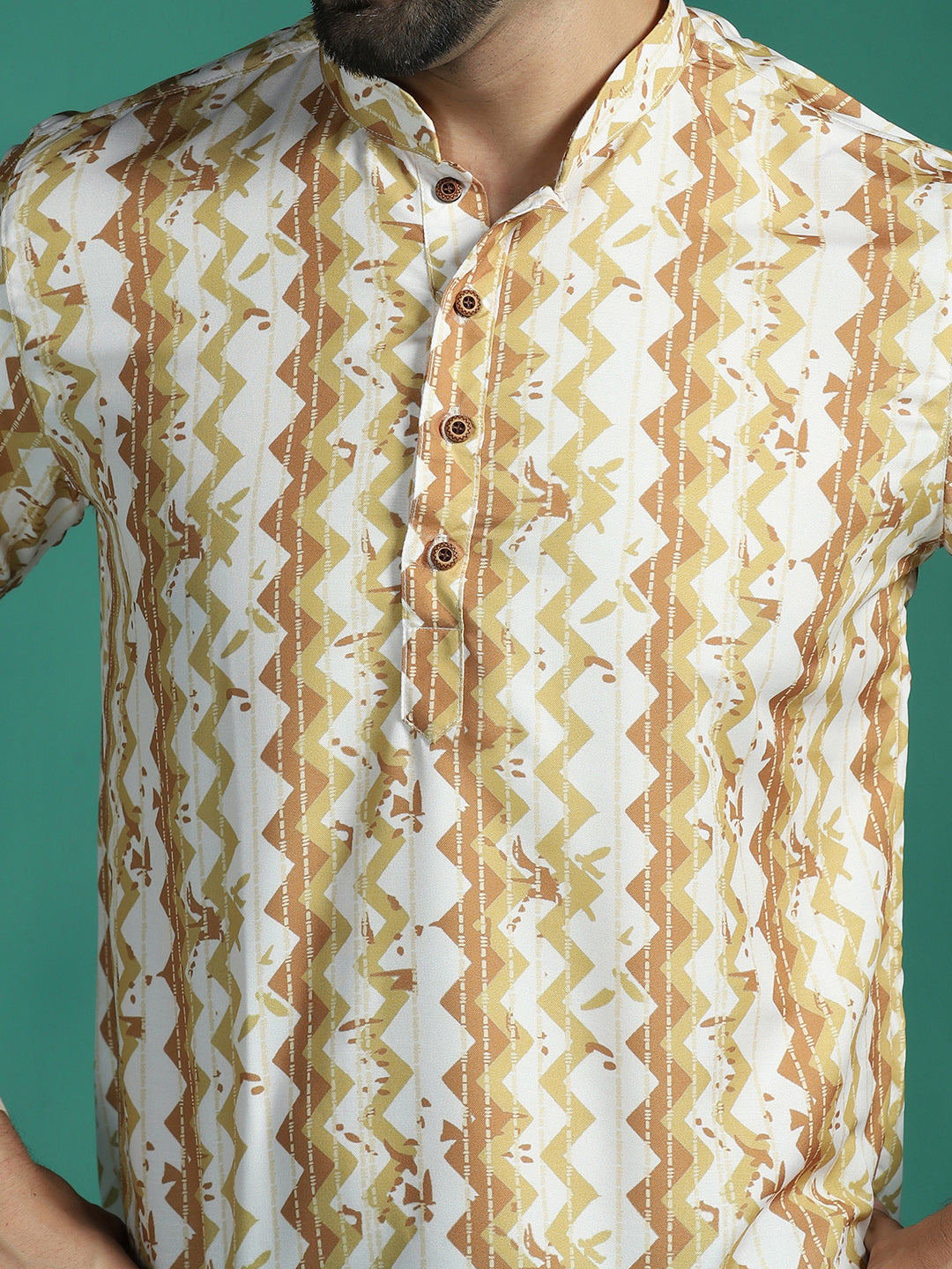 Zavaya Yellow Zigzag Rayon Short Kurta for Men