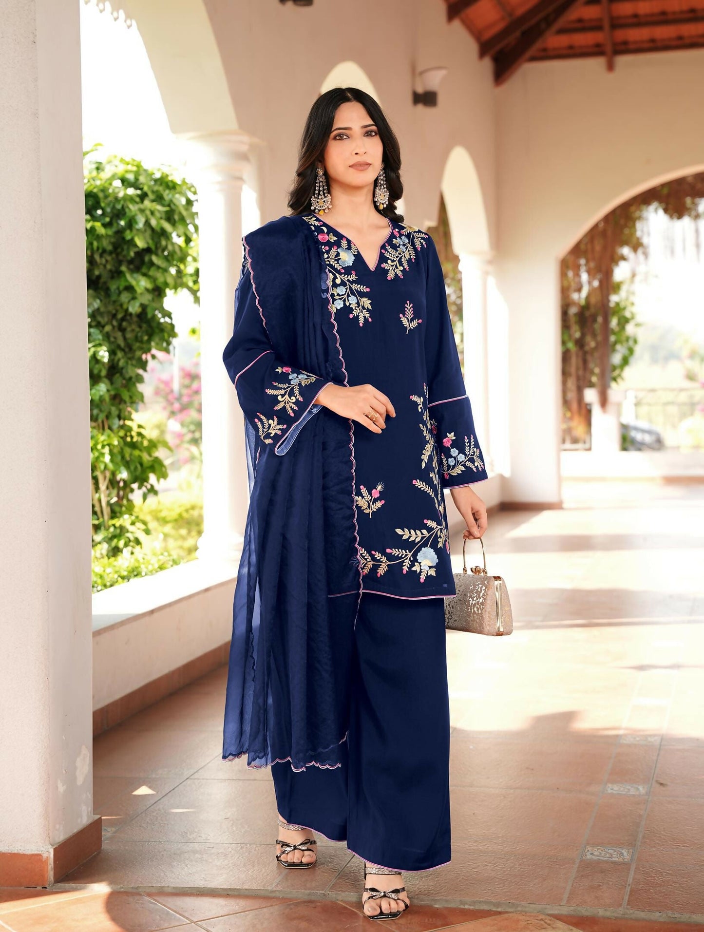 Nikhaar Navy Blue Embroidered Art Silk Stitched Straight Cut Kurta Culottes Dupatta Readymade Suit