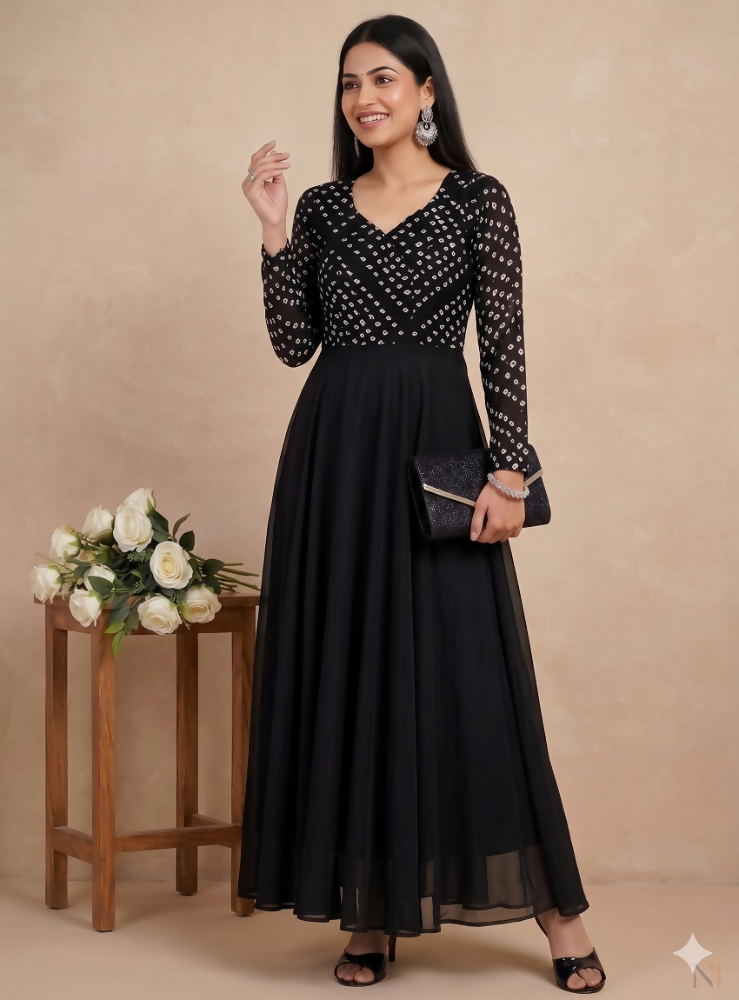 Teeya Creation Women's Black Bandhani Print Anarkali Gown