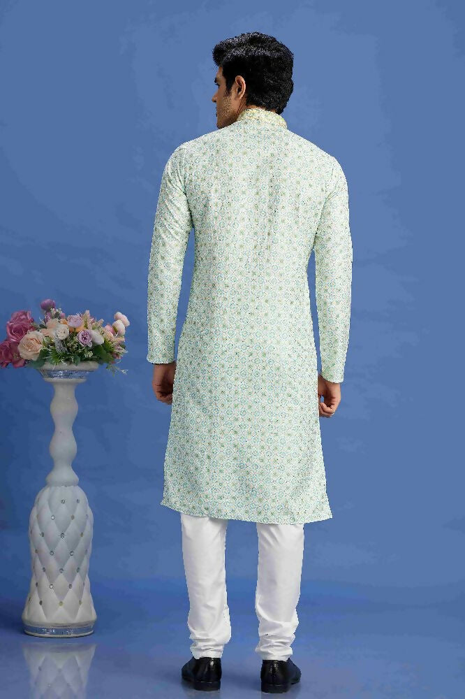 Raivat Ethnic Cotton Embroidery Kurta Pajama In Sea Green Colour