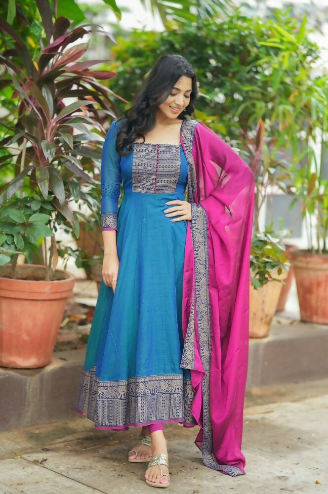 Teeya Creation Womens New Elegant Blue Anarkali Gown with Embroidered Yoke Contrasting Pink Dupatta Set