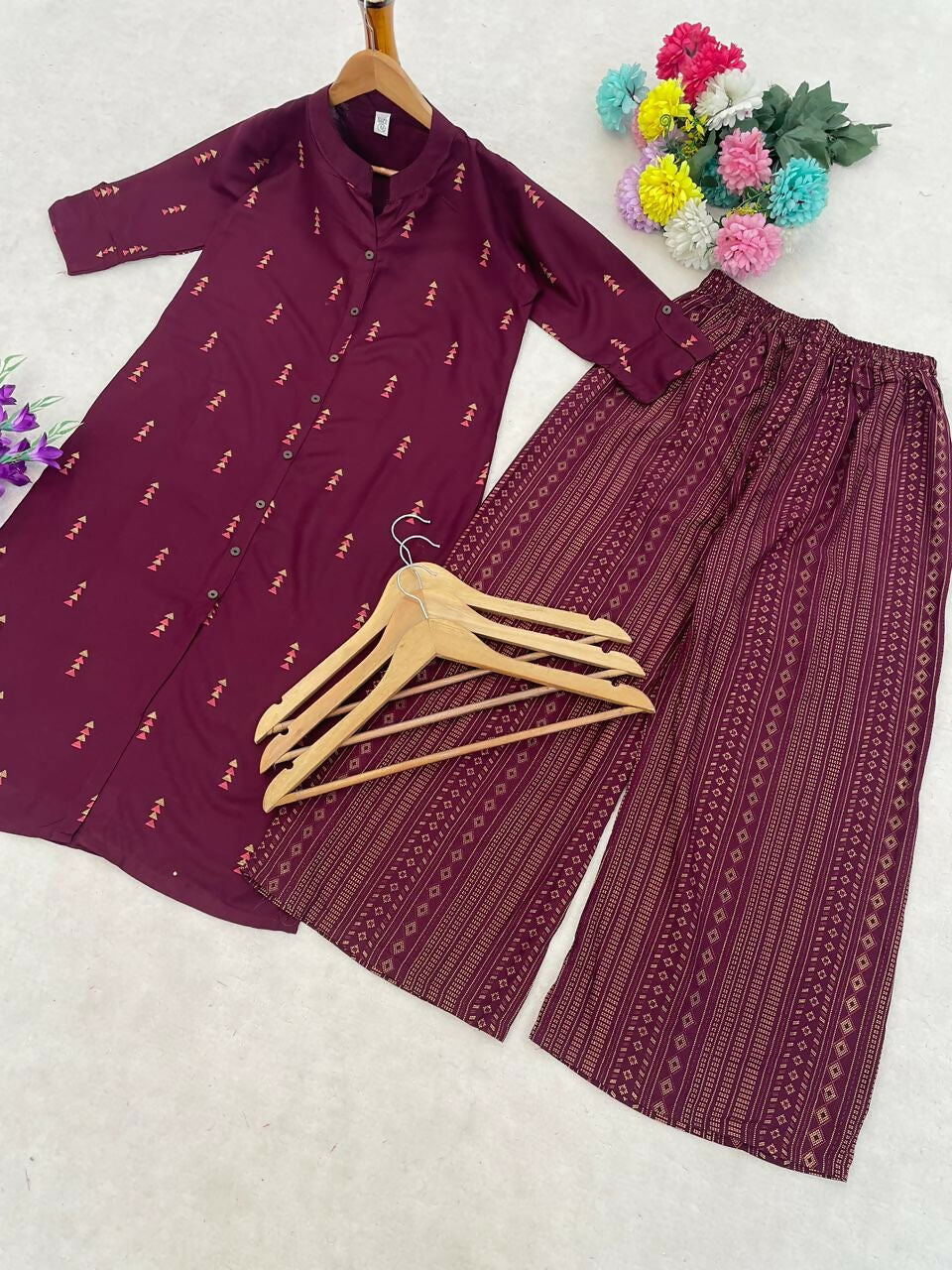 Teeya Creation Sophisticated Wine Colored Straight Kurta With Printed Palazzo Set
