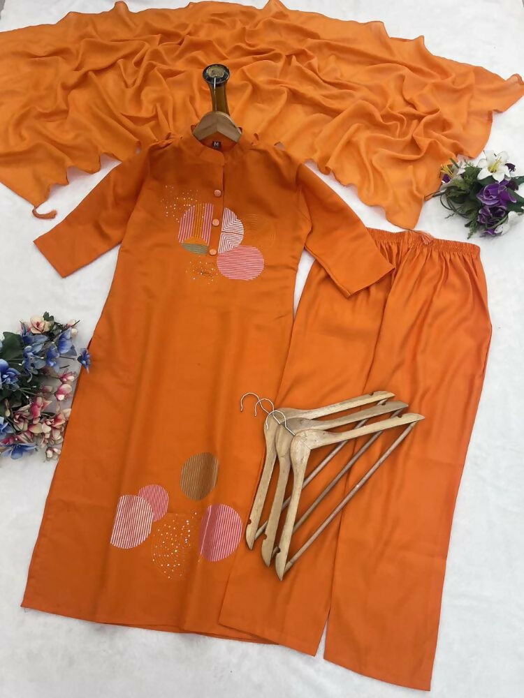 Teeya Creation Women Orange Geometric Embroidered Straight Kurta with Pants and Dupatta Set