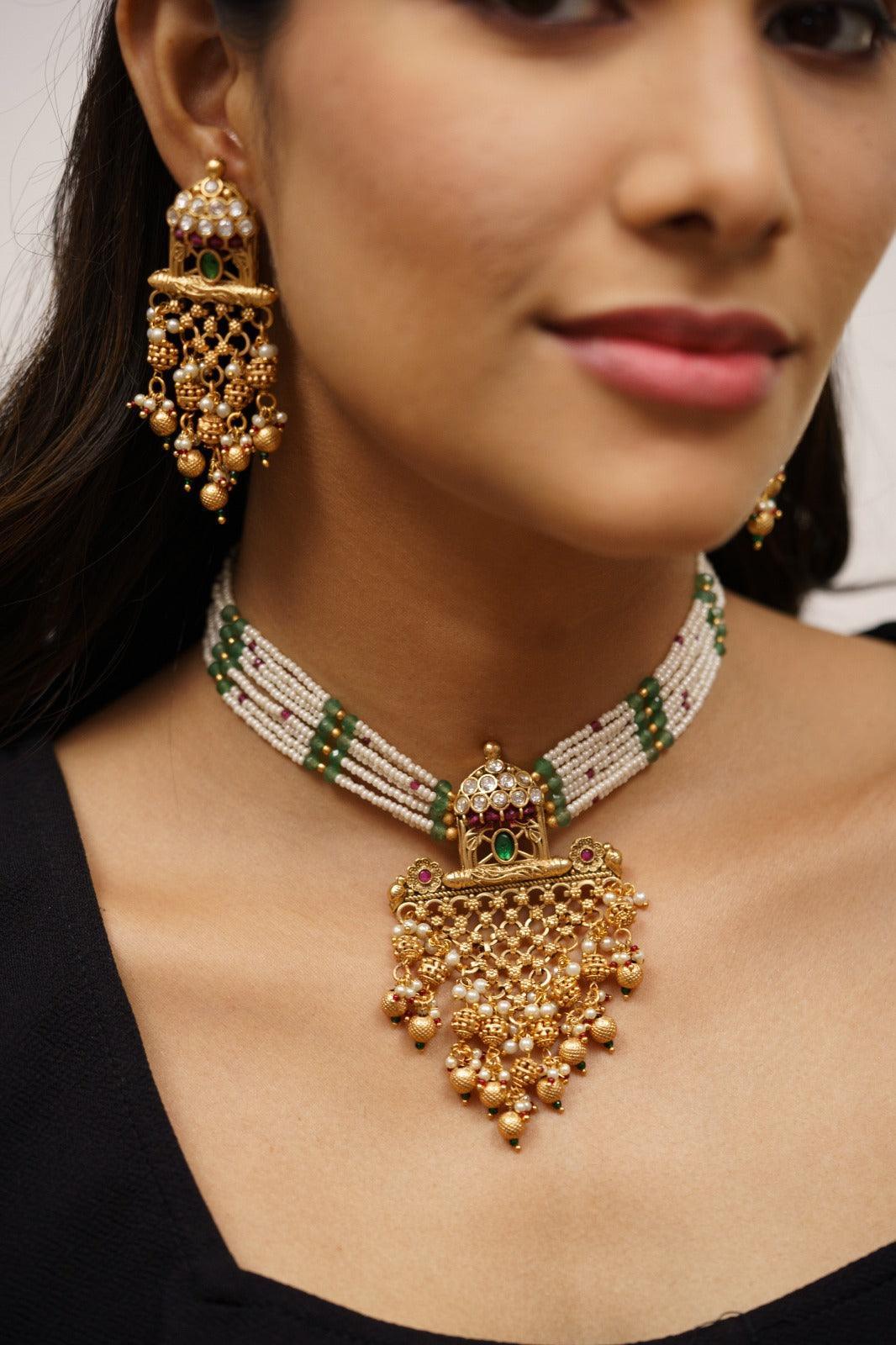Aadhvi Gold Set with Long Indian Earrings | Sone Pe Suhaga Collection