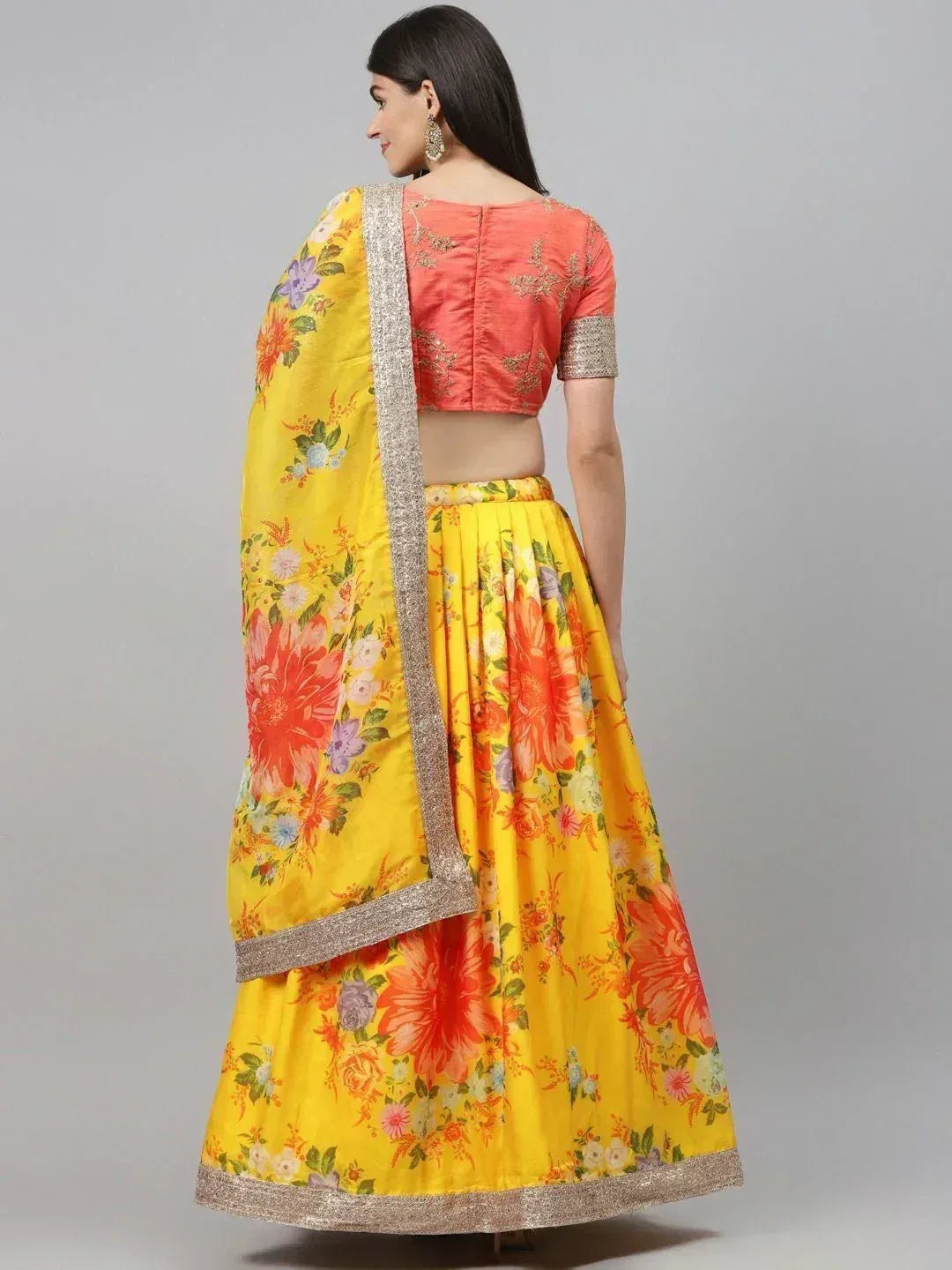 Tulsi Art Yellow & Orange Embroidered Semi-Stitched Myntra Lehenga & Unstitched Blouse With Dupatta