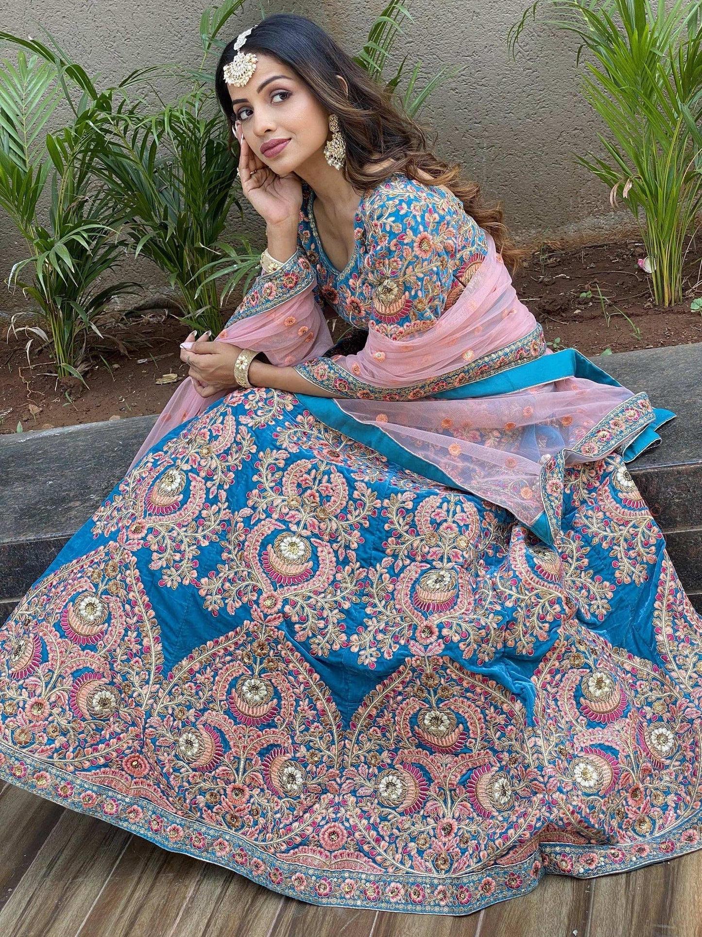 Tulsi Art Adorable Blue Embroidered Velvet Wedding Lehenga Choli With Dupatta