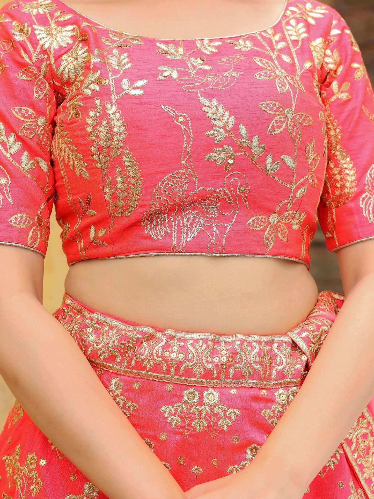 Tulsi Art Alluring Peach Embroidered Silk Reception Lehenga Choli With Dupatta
