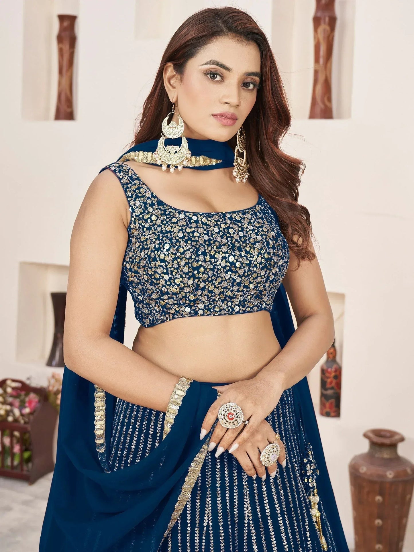 Tulsi Art Amazingâ Blue Sequins Work Georgette Engagement Wear Lehenga Choli