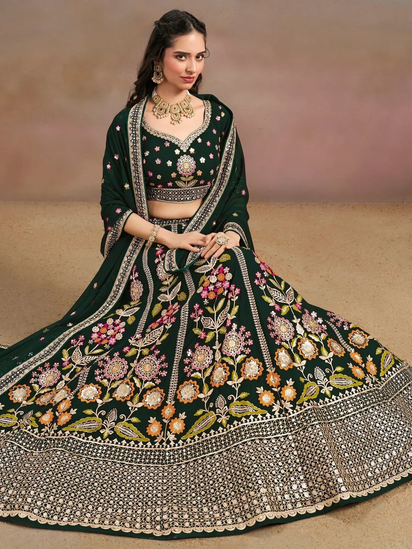 Tulsi Art Amazing Green Sequins Georgette Mehendi Wear Lehenga Choli With Dupatta