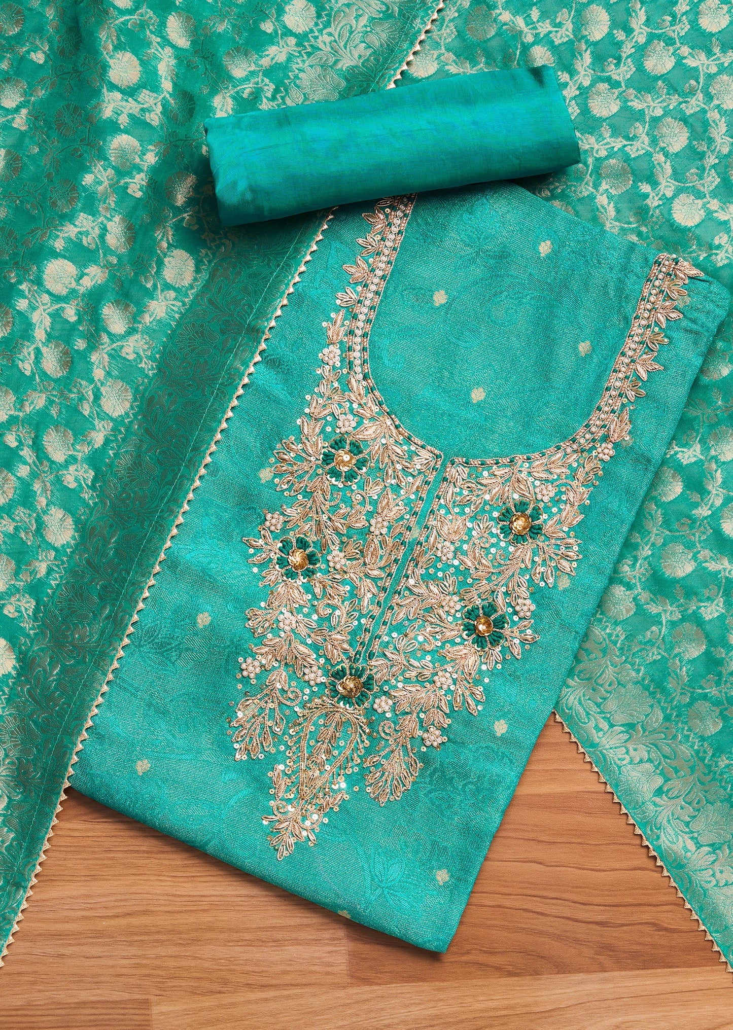 Aqua Blue Jacquard Unstitched Suit Set