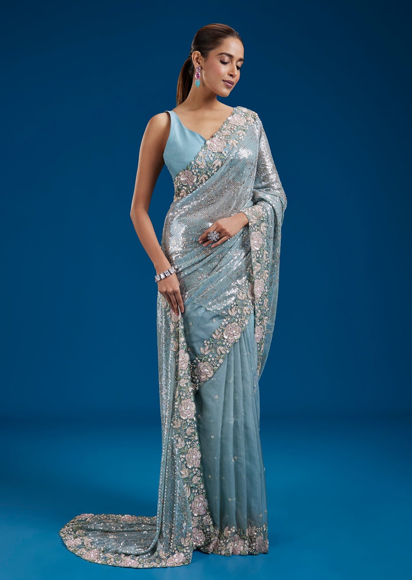 Aqua Blue Sequin Embellished Georgette Saree